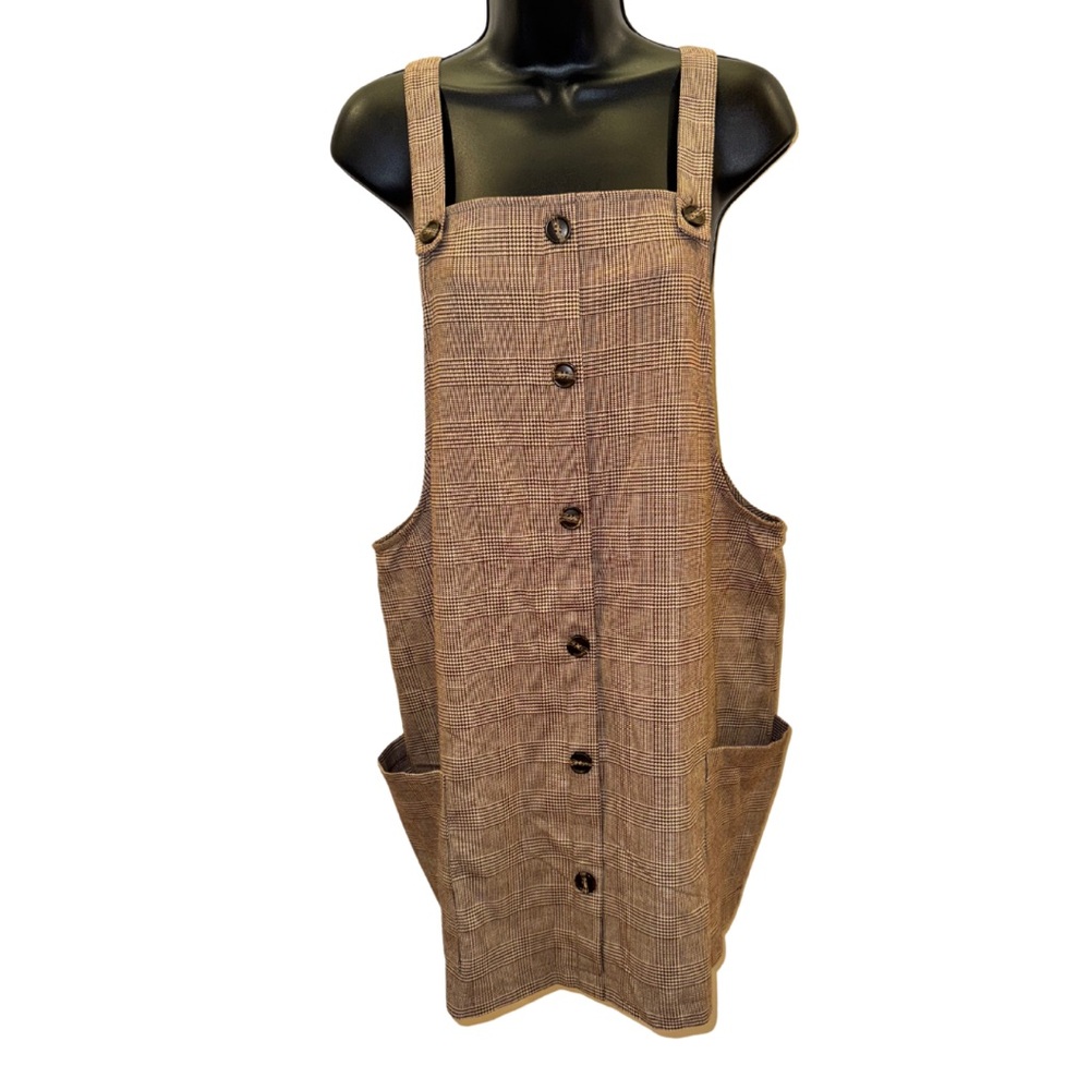 ‘Mixed Threads’ tan and brown plaid button-up apron dress with pockets - size L